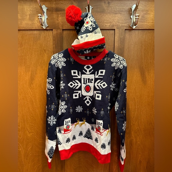 Miller Lite FUN “Ugly” Holiday Sweater & Hat Combo - Picture 1 of 7